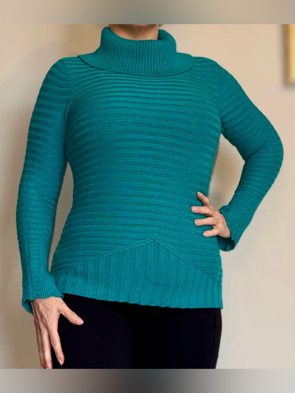 Women's Ribbed Teal Turtleneck Sweater